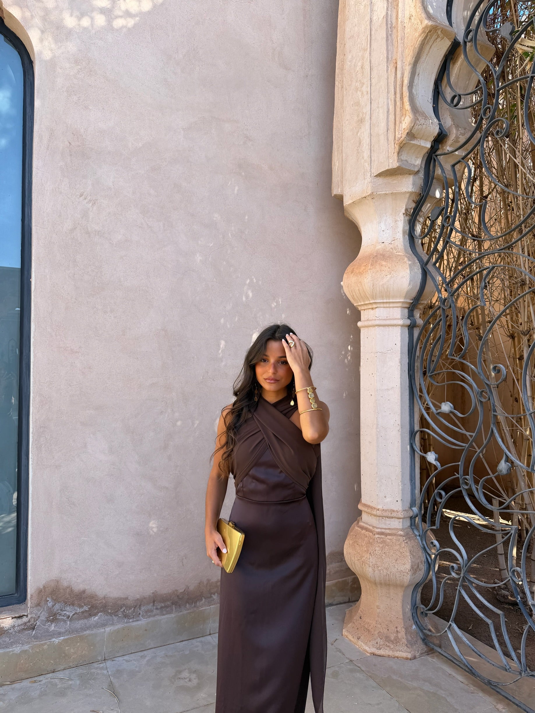 SOLEIL | Vestido Largo Halter con Capa Dorada