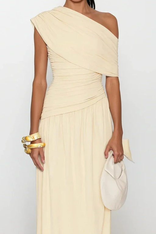 Vestido Hombro Drapeado Maxi
