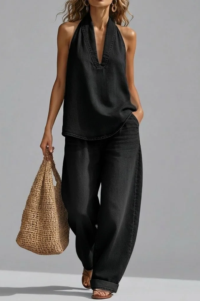 Conjunto Denim Halter Mediterráneo - Top Cuello Halter y Pantalón Ancho