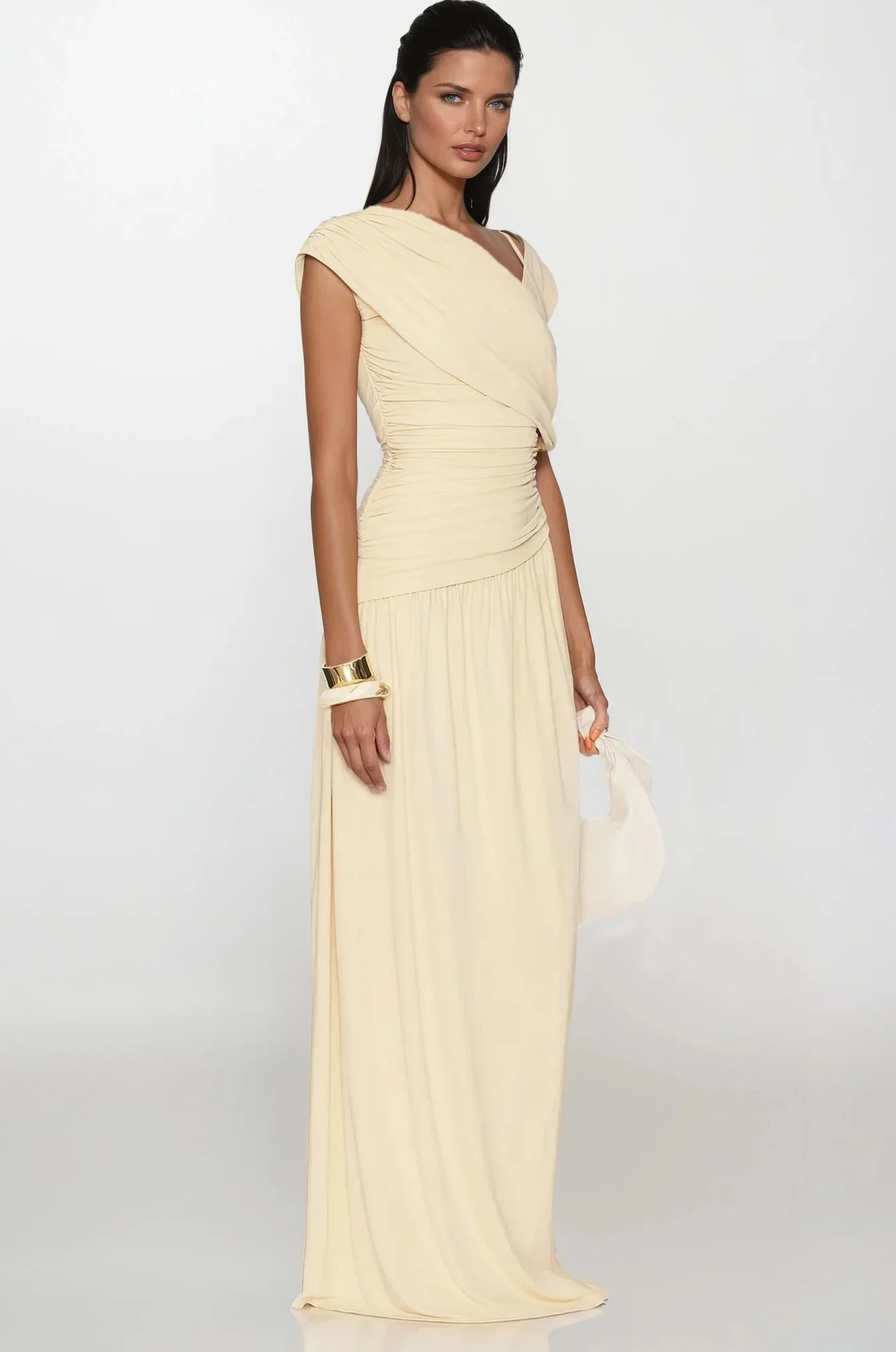 Vestido Hombro Drapeado Maxi
