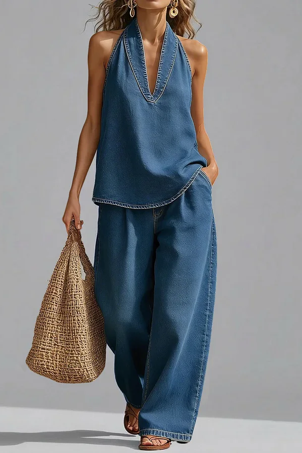 Conjunto Denim Halter Mediterráneo - Top Cuello Halter y Pantalón Ancho