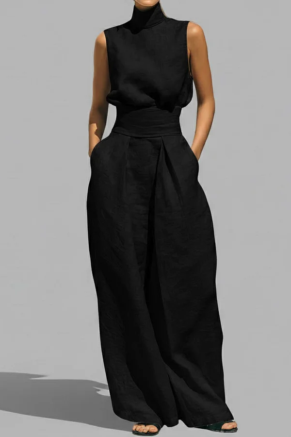 Conjunto Minimalista Cuello Alto - Blusa Sin Mangas y Pantalón Ancho Premium