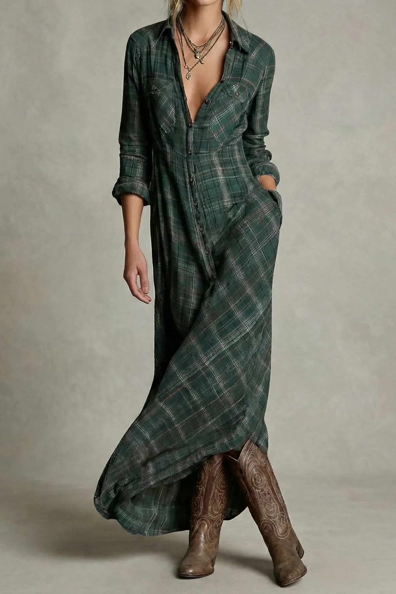 Rosa - Vestido Camisero de Cuadros Esmeralda